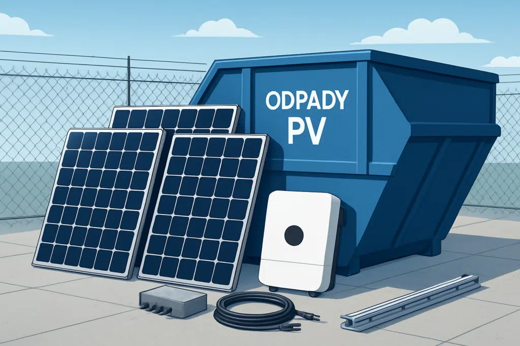 Odpady z instalacji PV Odbiór odpadów fotowoltaicznych: zużyte panele PV, inwerter, przewody i elementy montażowe przy kontenerze na odpady PV