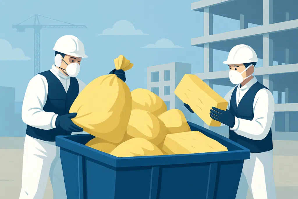 odbiory odpadów z wełny mineralnej — Pracownicy budowlani umieszczają odpady z wełny mineralnej w kontenerze podczas przygotowania do legalnego odbioru