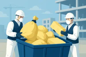 Pracownicy budowy w kaskach i maseczkach przenoszą żółte worki do dużego kontenera na placu budowy