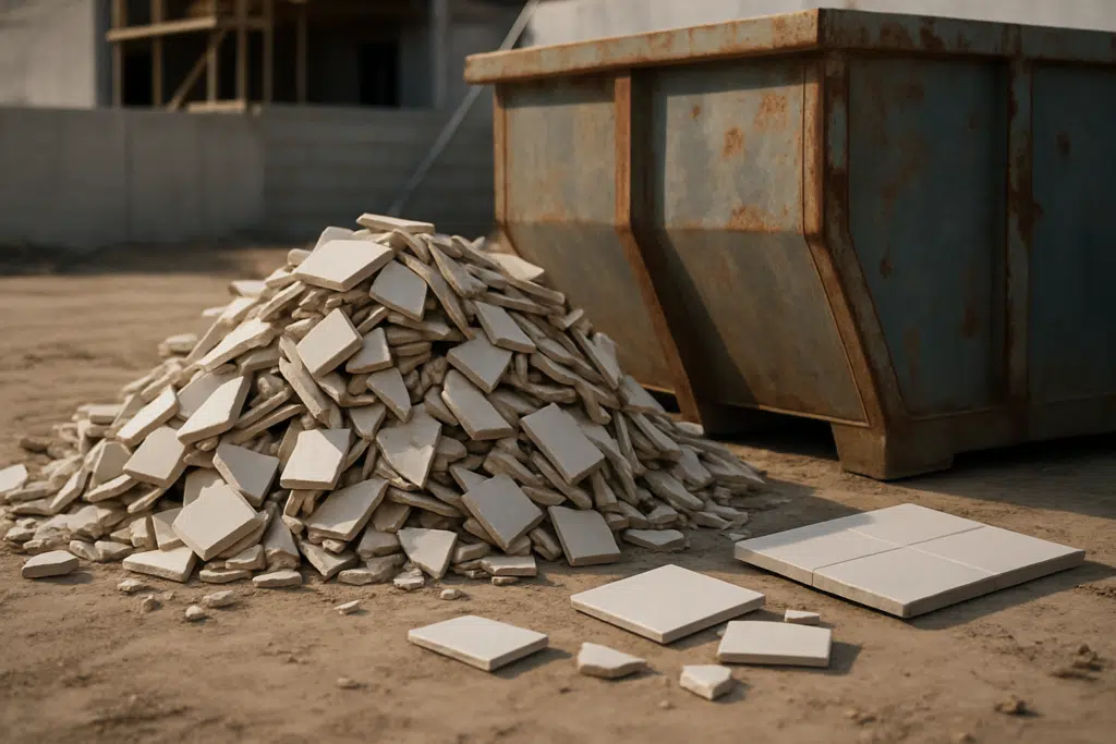 Odpady ceramiczne po remoncie – stos potłuczonych płytek obok kontenera na placu budowy