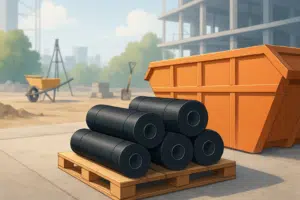 Czarne rolki materiału budowlanego ułożone na drewnianej palecie obok pomarańczowego kontenera na placu budowy