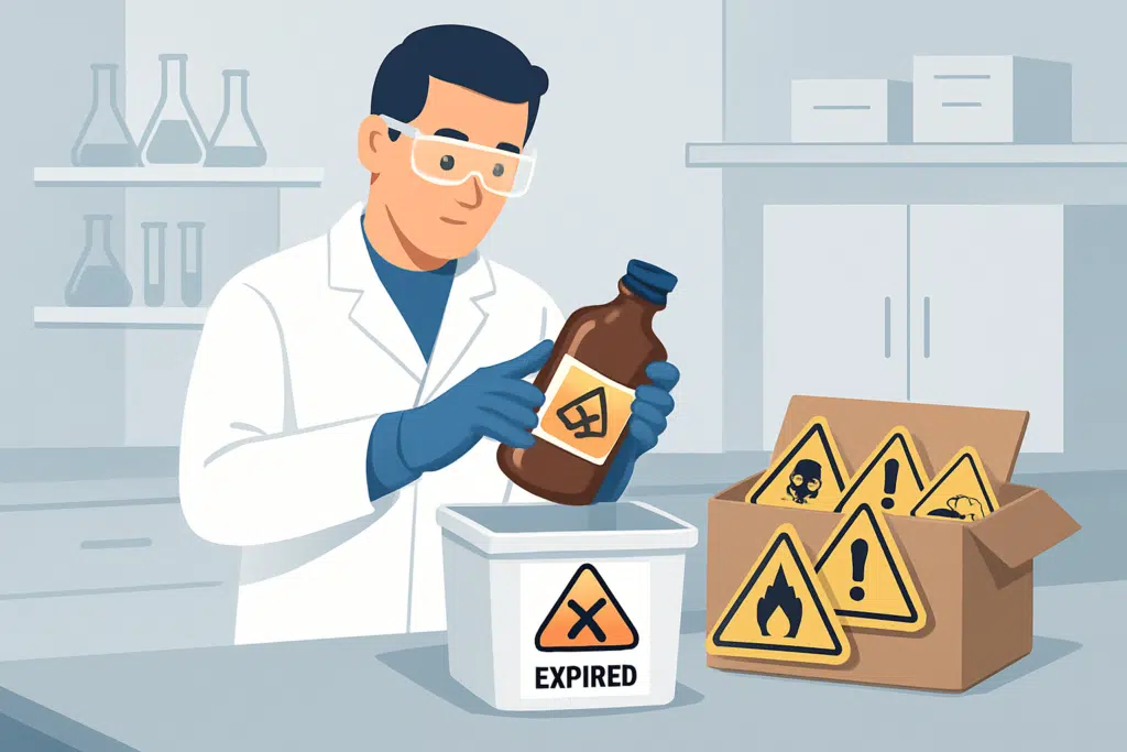 Pracownik laboratorium umieszcza przeterminowaną butelkę chemiczną w pojemniku na odpady, obok pudełka z symbolami zagrożeń