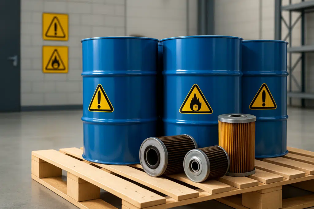odbiór opakowań i filtrów po olejach firma produkcyjna — Odbiór opakowań i filtrów po olejach w firmie produkcyjnej — beczki i filtry na palecie