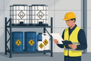 Pracownik w kasku i kamizelce odblaskowej sprawdza dokument przy regale z pojemnikami oznaczonymi symbolami zagrożenia chemicznego.