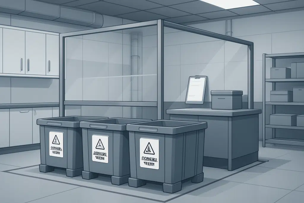 odbiór przeterminowanych odczynników chemicznych z laboratorium zakładu produkcyjnego — Pojemniki na odpady chemiczne w laboratorium zakładu produkcyjnego, przygotowane do bezpiecz