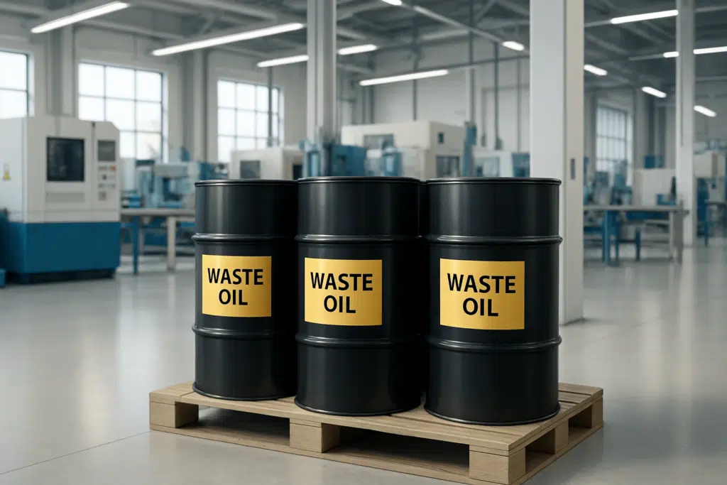 przygotowanie odbioru zużytych olejów z firmy — Trzy beczki oznaczone „WASTE OIL” na palecie w hali przemysłowej, przygotowane do odbioru zużytych olejów z firmy
