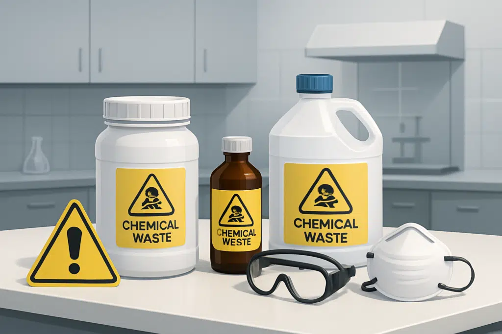 odbiór odpadów laboratoryjnych o nieznanym składzie — Pojemniki na odpady chemiczne, okulary ochronne i maska przygotowane do bezpiecznego odbioru odpadów laboratoryjnych o nieznan