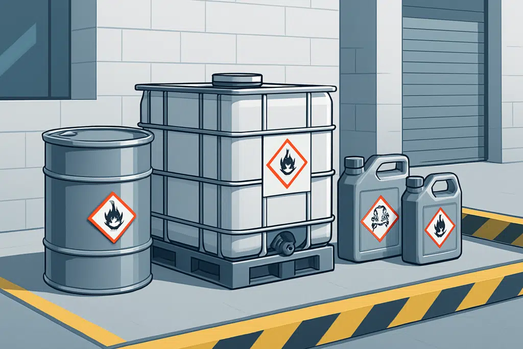 odbiór wypłuczek chemicznych i szlamów z zakładu — Pojemniki z oznaczeniami substancji niebezpiecznych przygotowane do odbioru wypłuczek chemicznych i szlamów z zakładu