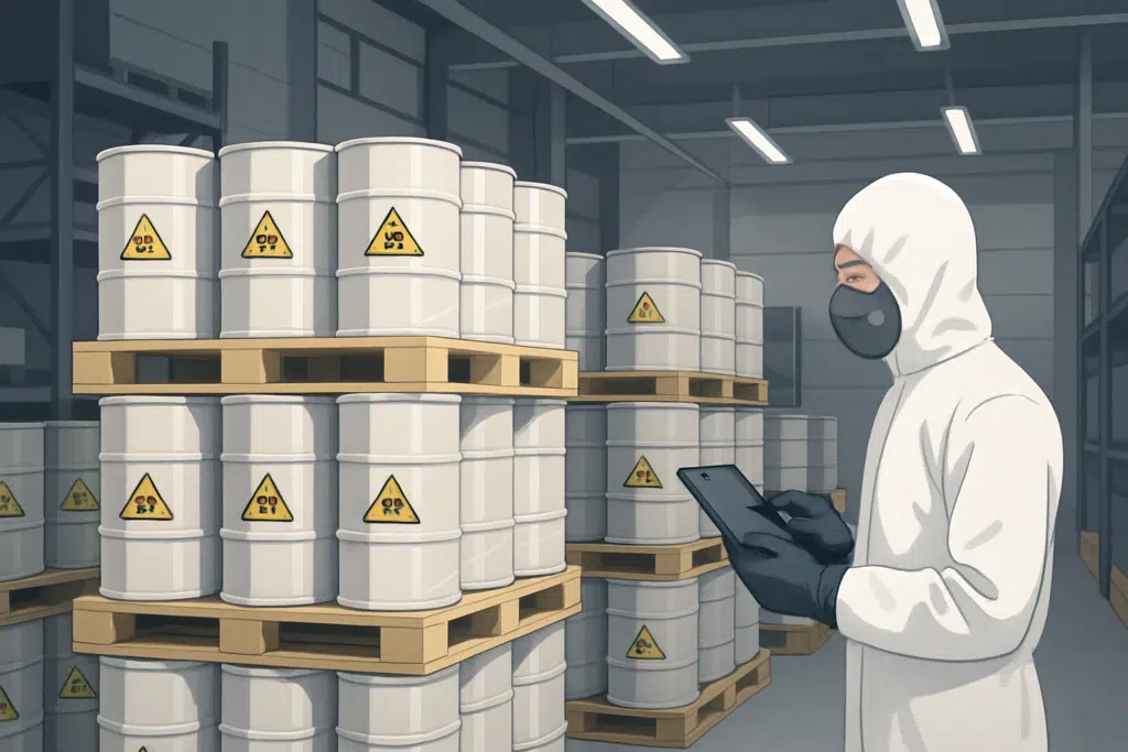 Pracownik w odzieży ochronnej kontroluje beczki z oznaczeniami zagrożeń w magazynie; odbiór chemikaliów niebezpiecznych magazyn spedycyjny