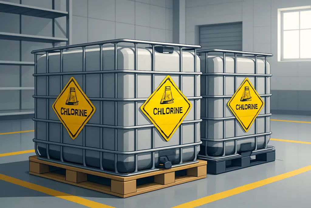 odbiór odpadów wybielających i chlorowych z zakładu produkcyjnego — Zbiorniki IBC z oznaczeniami CHLORINE w hali zakładu produkcyjnego, przygotowane do bezpiecznego odbioru odpadów
