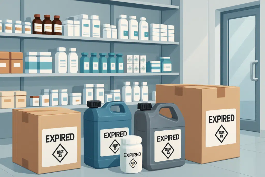 odbiór przeterminowanych chemikaliów z apteki — Pojemniki i kartony z oznaczeniem „expired” przygotowane do odbioru przeterminowanych chemikaliów z apteki